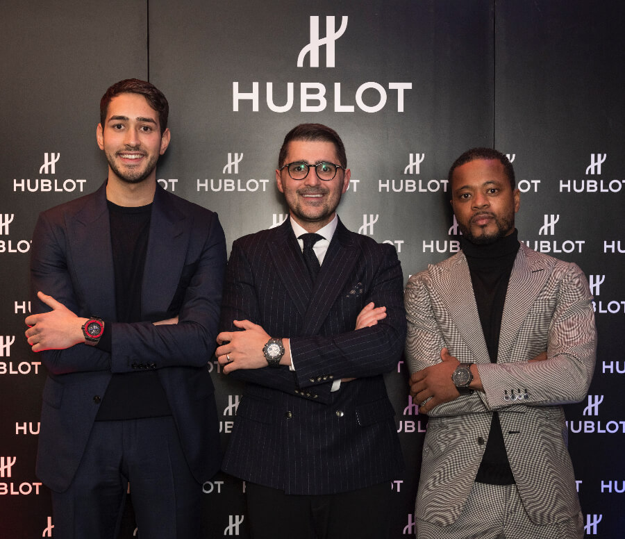 Chris Froggatt, Hublot Brand Director UK Omar Choudhary and Patrice Evra